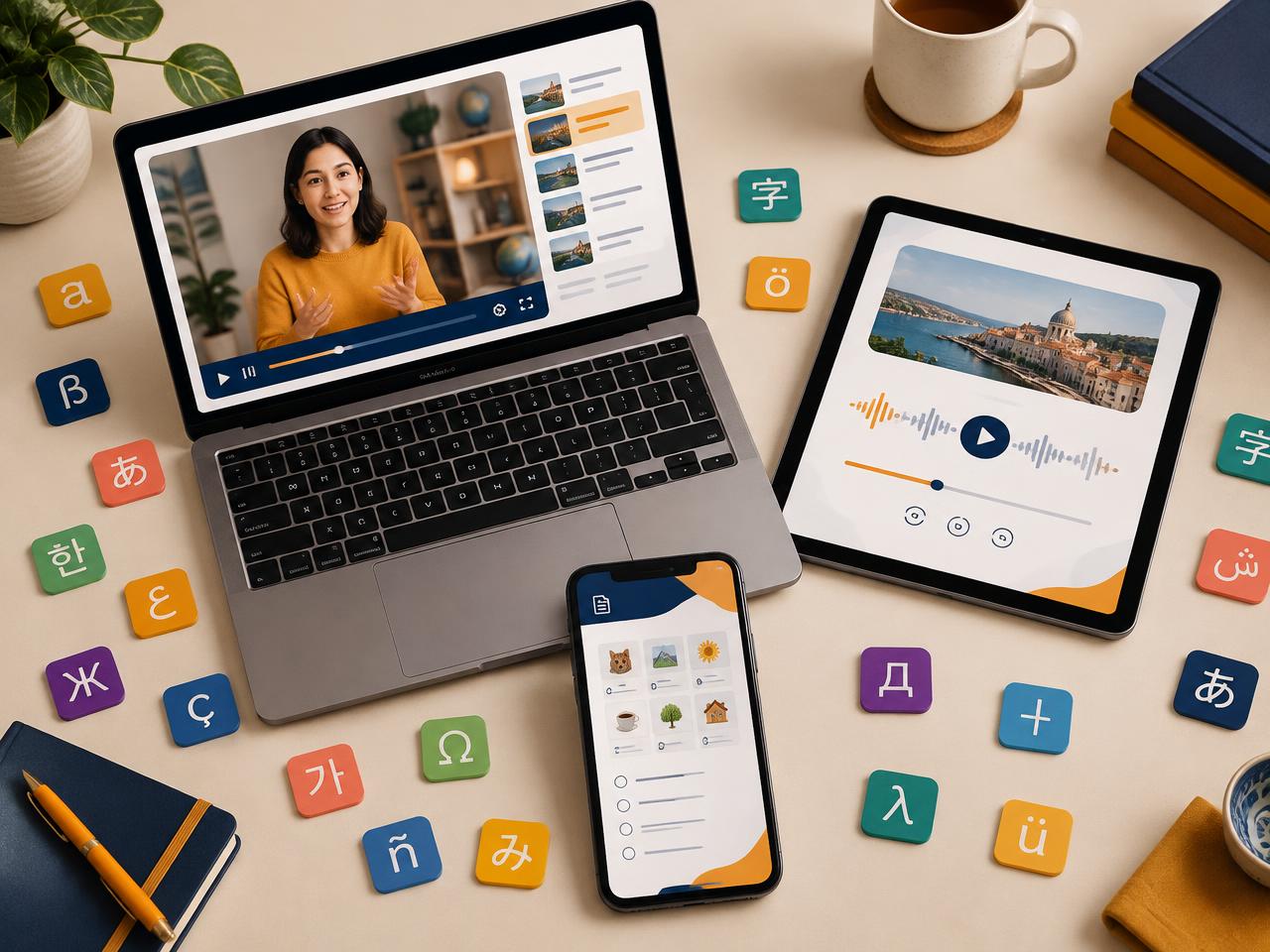 Video, audio and PDF lessons on laptop, tablet and phone